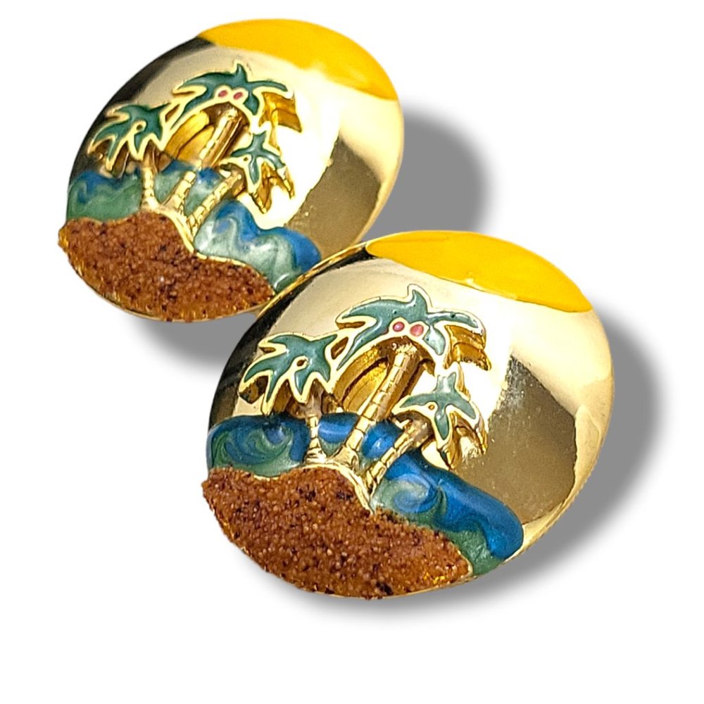 Designer Earrings Gold Tone Enamel Real Sand Island Palms